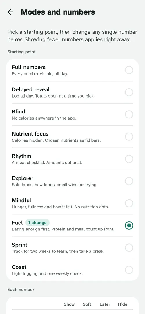 Modes and numbers, listing ten starting points from Full numbers to Coast.