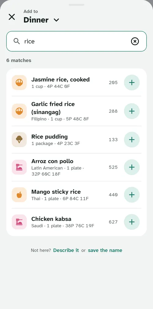 Adding to dinner: a search for rice with six matches, from jasmine rice to chicken kabsa.