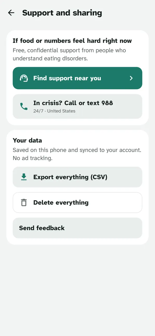 Support and sharing, with Export everything (CSV) and Delete everything under Your data.
